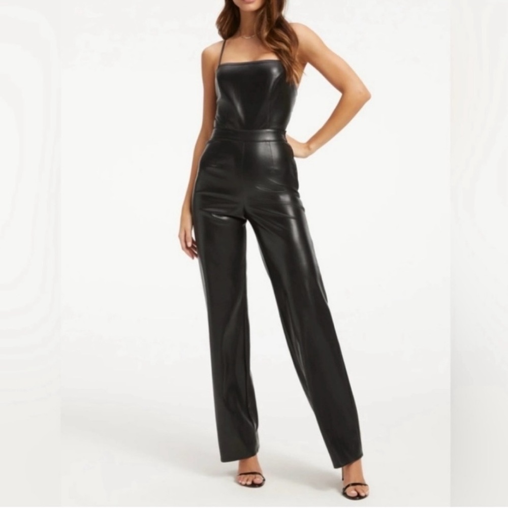EUC Good American Sleek Black Faux Leather Jumpsuit